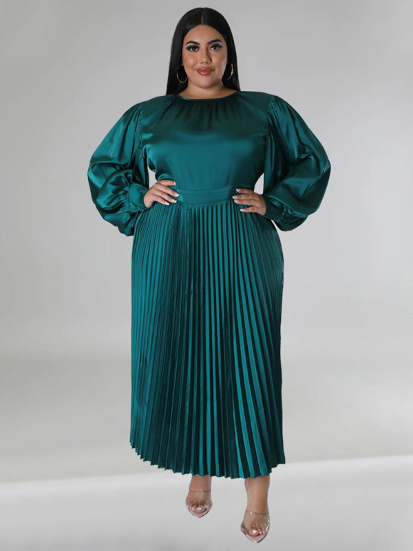 Plus Size Women's Pleated Round Neck Long Sleeve Dress