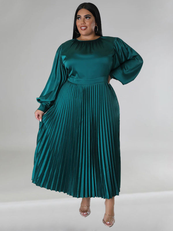 Plus Size Women's Pleated Round Neck Long Sleeve Dress