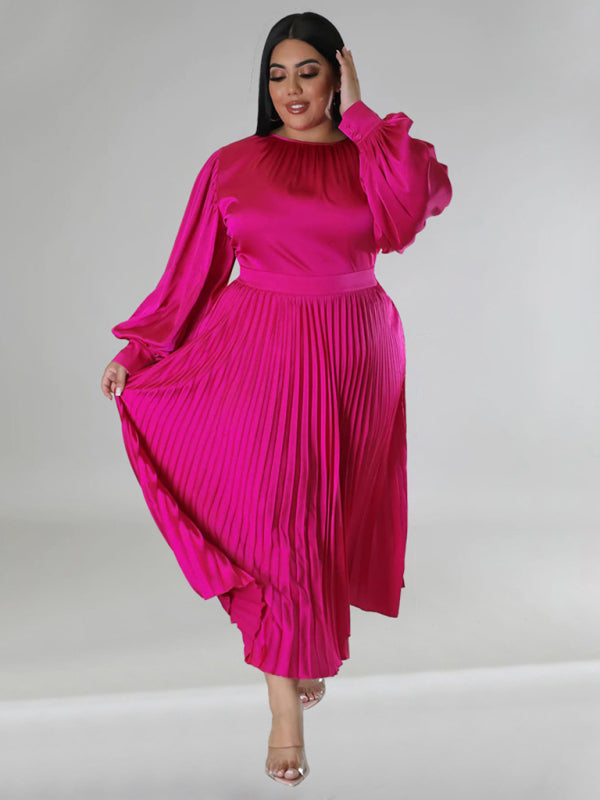 Plus Size Women's Pleated Round Neck Long Sleeve Dress