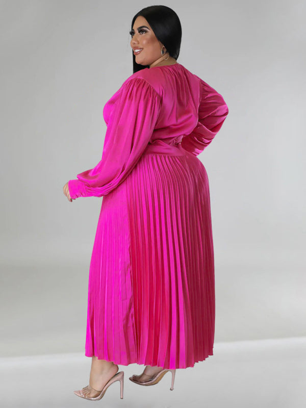 Plus Size Women's Pleated Round Neck Long Sleeve Dress