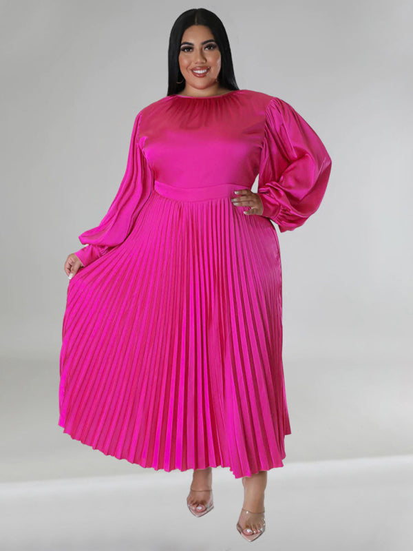 Plus Size Women's Pleated Round Neck Long Sleeve Dress