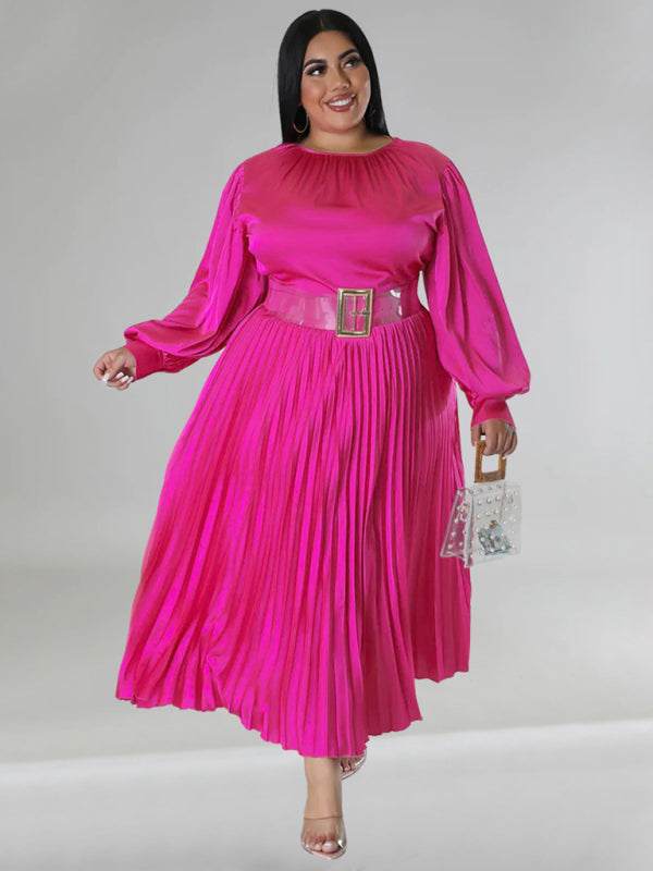 Plus Size Women's Pleated Round Neck Long Sleeve Dress