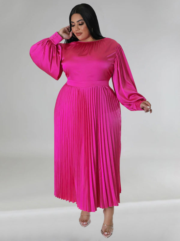 Plus Size Women's Pleated Round Neck Long Sleeve Dress