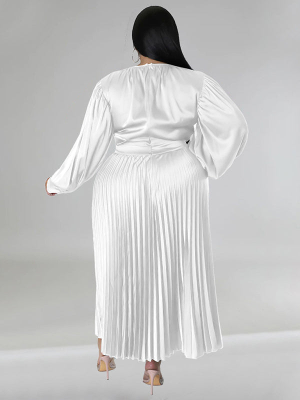 Plus Size Women's Pleated Round Neck Long Sleeve Dress