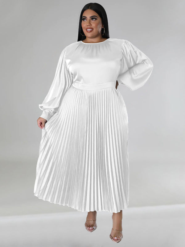 Plus Size Women's Pleated Round Neck Long Sleeve Dress