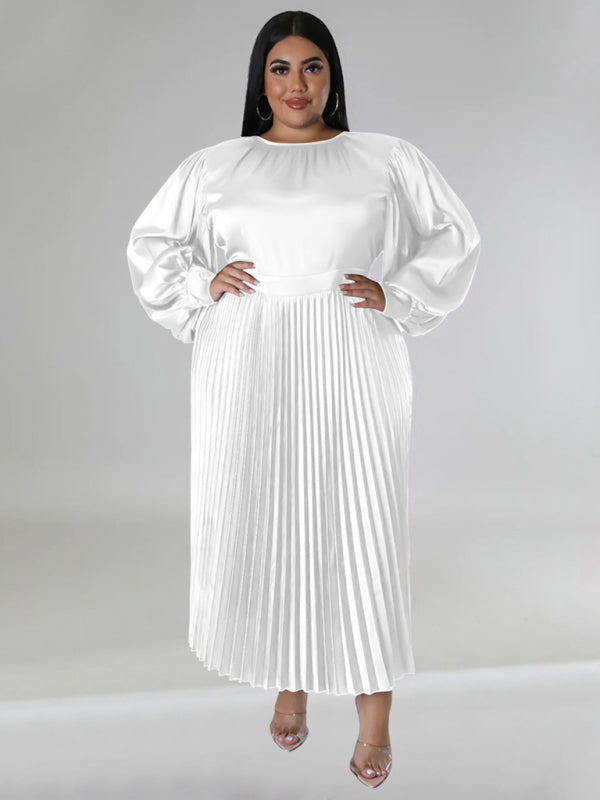 Plus Size Women's Pleated Round Neck Long Sleeve Dress