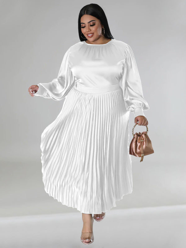 Plus Size Women's Pleated Round Neck Long Sleeve Dress