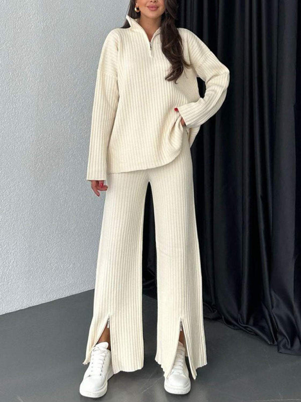 Women's solid color zipper knitted high collar ribbed two-piece suit