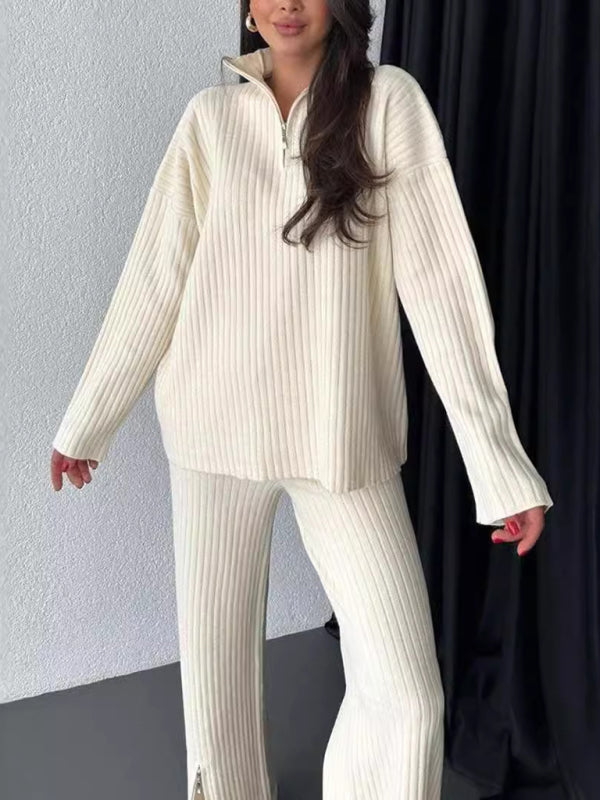 Women's solid color zipper knitted high collar ribbed two-piece suit