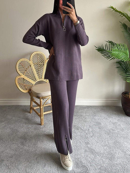 Women's solid color zipper knitted high collar ribbed two-piece suit