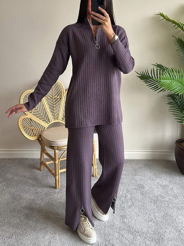 Women's solid color zipper knitted high collar ribbed two-piece suit