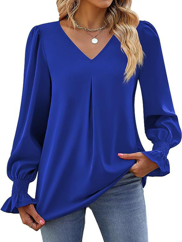 Solid color chiffon V-neck pullover flared long-sleeved shirt