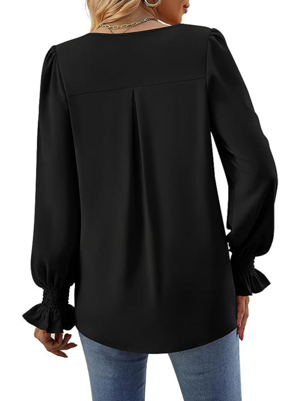 Solid color chiffon V-neck pullover flared long-sleeved shirt