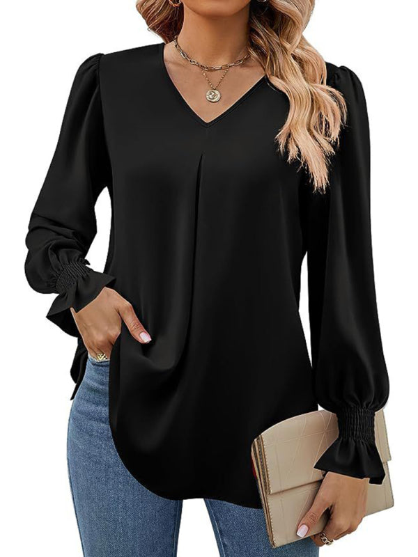 Solid color chiffon V-neck pullover flared long-sleeved shirt