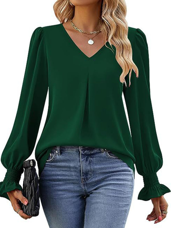 Solid color chiffon V-neck pullover flared long-sleeved shirt