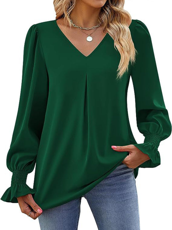 Solid color chiffon V-neck pullover flared long-sleeved shirt