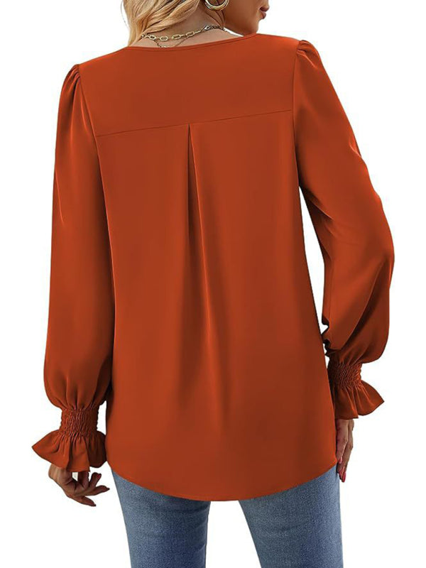 Solid color chiffon V-neck pullover flared long-sleeved shirt