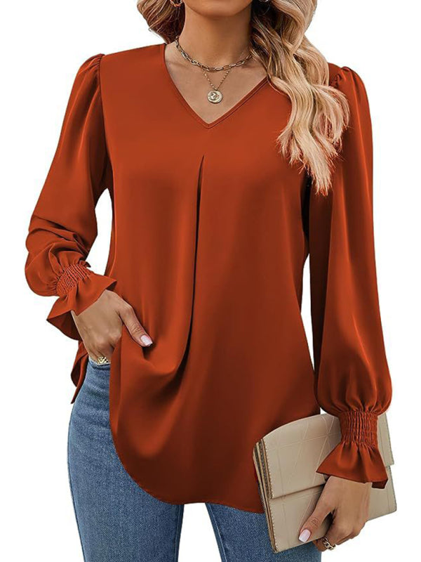 Solid color chiffon V-neck pullover flared long-sleeved shirt