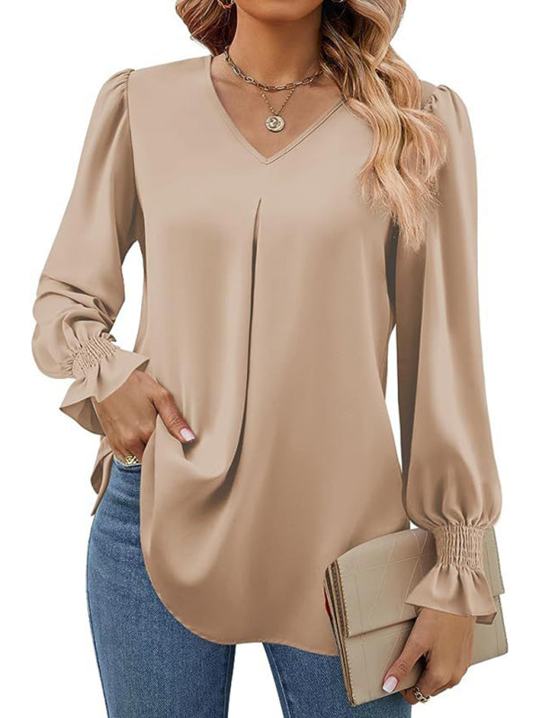 Solid color chiffon V-neck pullover flared long-sleeved shirt