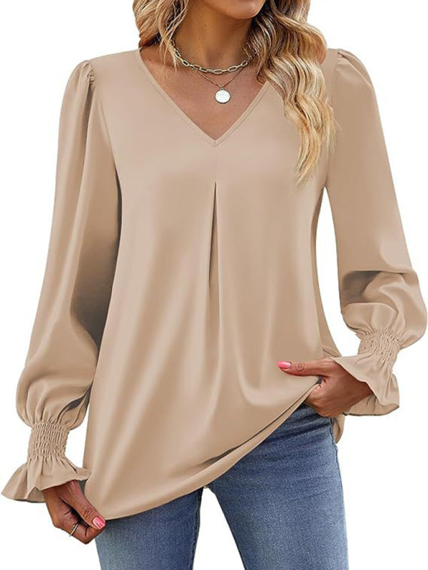 Solid color chiffon V-neck pullover flared long-sleeved shirt