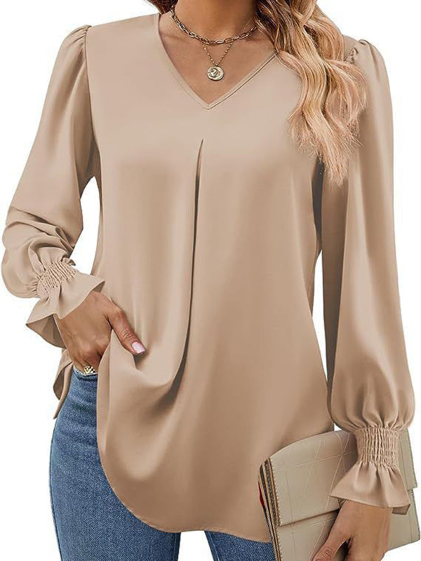 Solid color chiffon V-neck pullover flared long-sleeved shirt