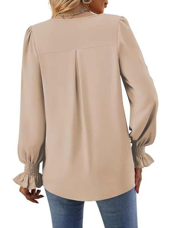 Solid color chiffon V-neck pullover flared long-sleeved shirt