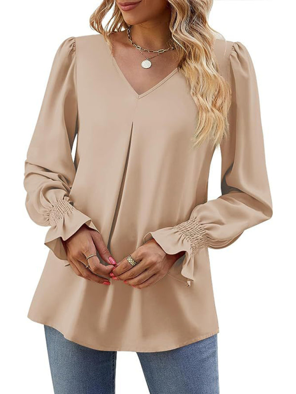 Solid color chiffon V-neck pullover flared long-sleeved shirt