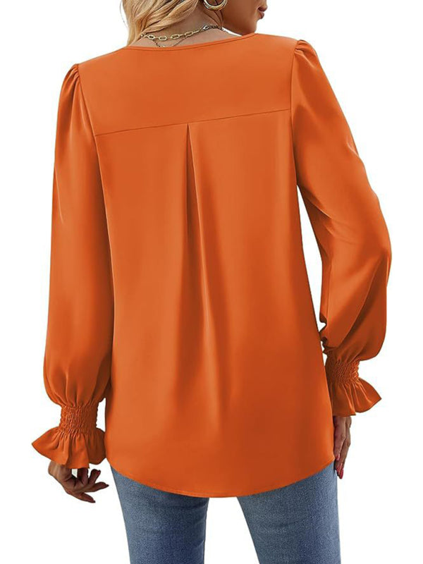 Solid color chiffon V-neck pullover flared long-sleeved shirt