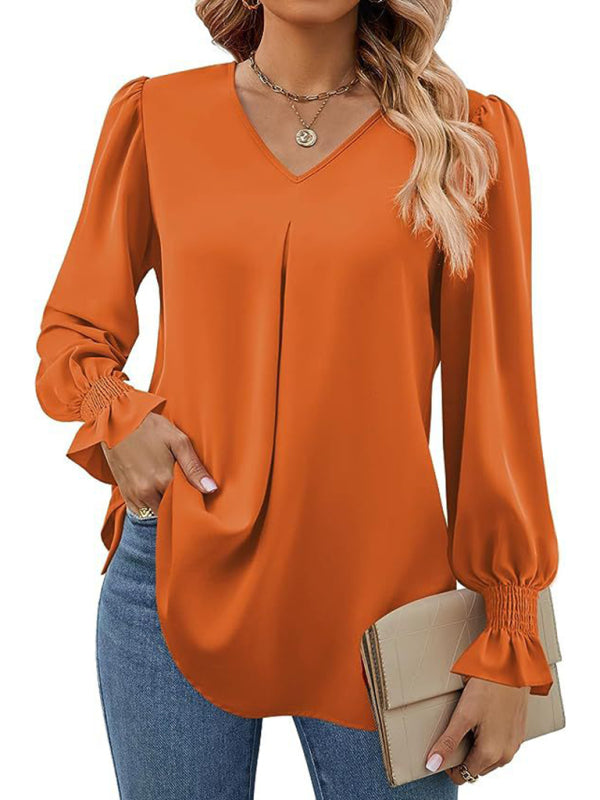 Solid color chiffon V-neck pullover flared long-sleeved shirt