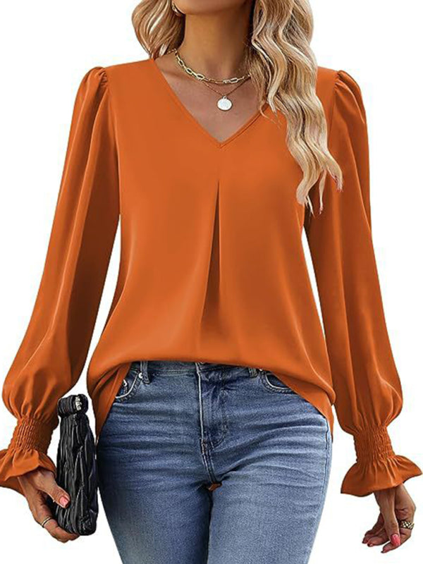 Solid color chiffon V-neck pullover flared long-sleeved shirt