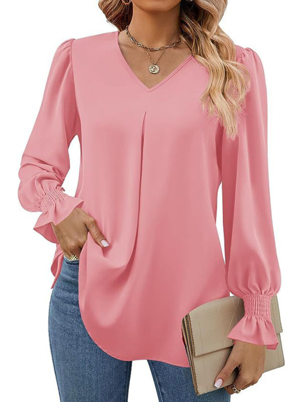 Solid color chiffon V-neck pullover flared long-sleeved shirt