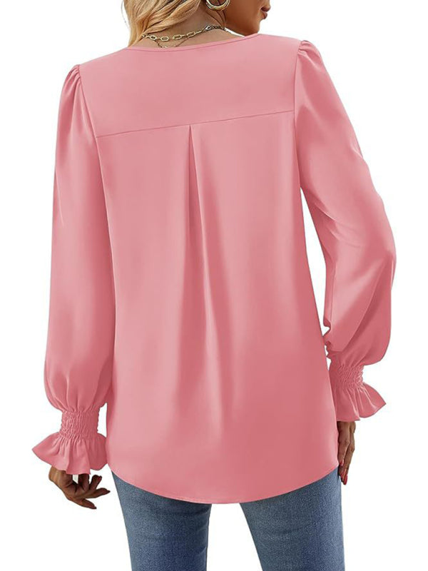 Solid color chiffon V-neck pullover flared long-sleeved shirt