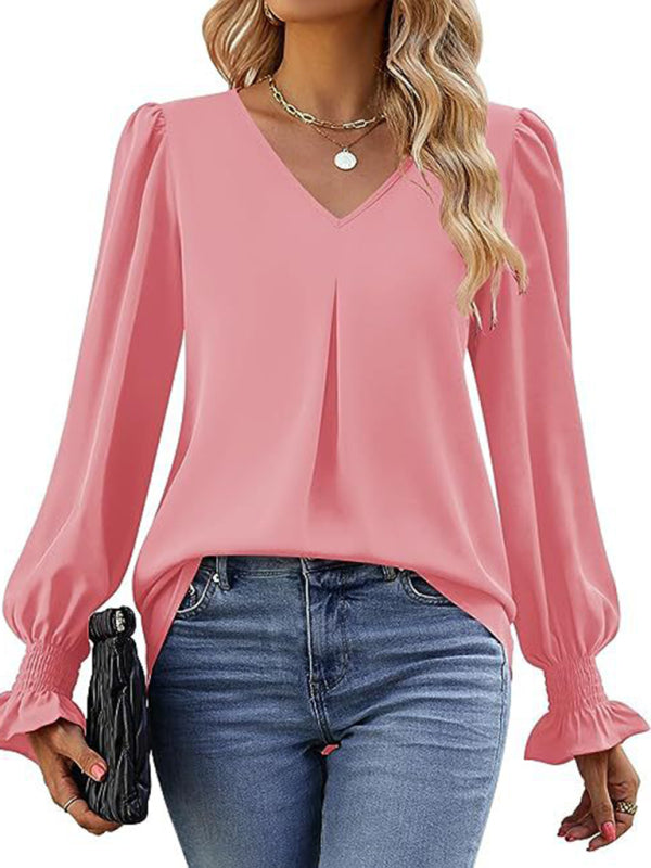 Solid color chiffon V-neck pullover flared long-sleeved shirt