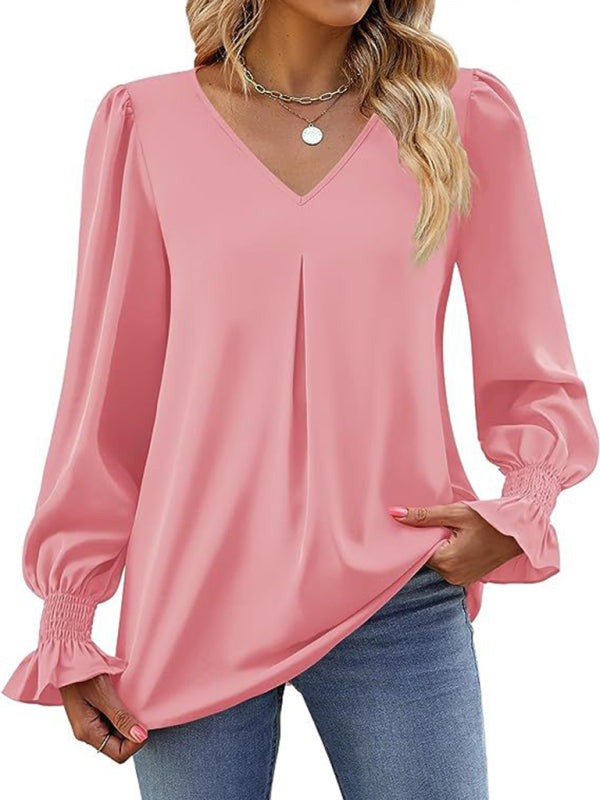 Solid color chiffon V-neck pullover flared long-sleeved shirt