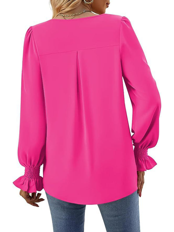 Solid color chiffon V-neck pullover flared long-sleeved shirt