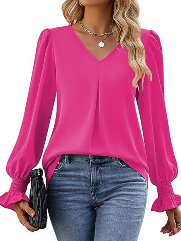 Solid color chiffon V-neck pullover flared long-sleeved shirt