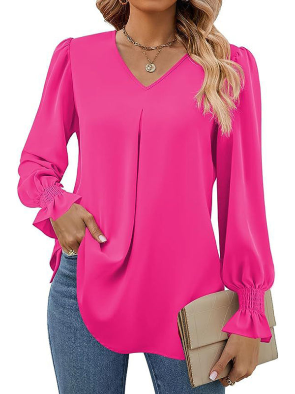 Solid color chiffon V-neck pullover flared long-sleeved shirt