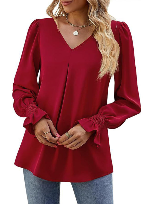 Solid color chiffon V-neck pullover flared long-sleeved shirt