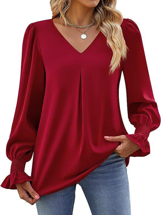 Solid color chiffon V-neck pullover flared long-sleeved shirt