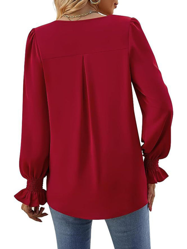 Solid color chiffon V-neck pullover flared long-sleeved shirt