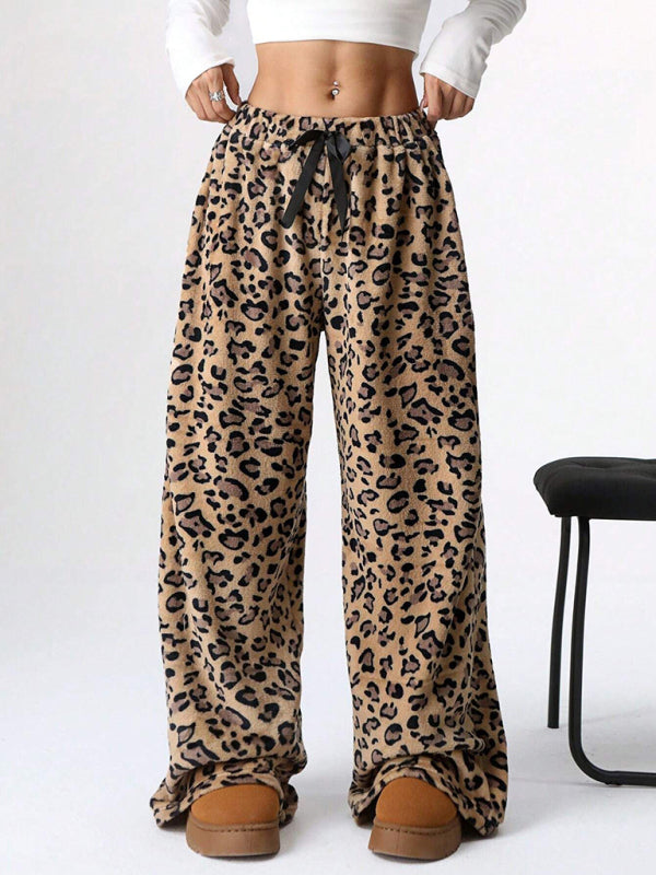 Casual Leopard Print Lace-Up Wide-Leg Pants