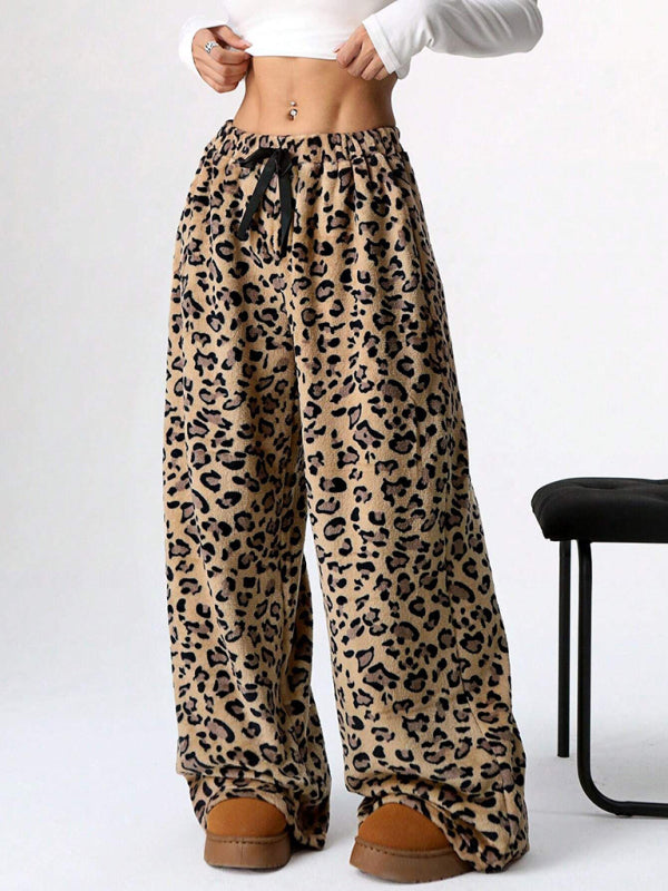 Casual Leopard Print Lace-Up Wide-Leg Pants