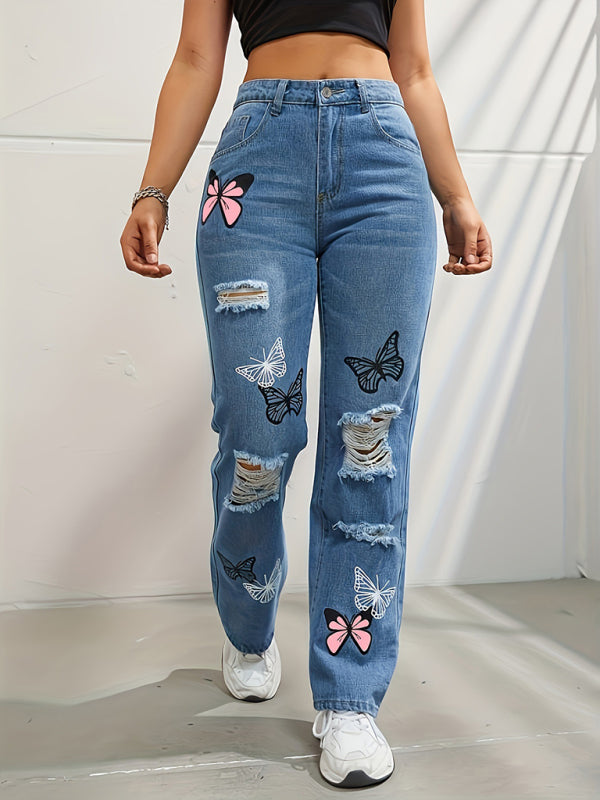 Butterfly Printed Ripped Fashion Denim Pants