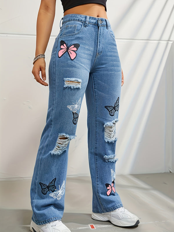 Butterfly Printed Ripped Fashion Denim Pants