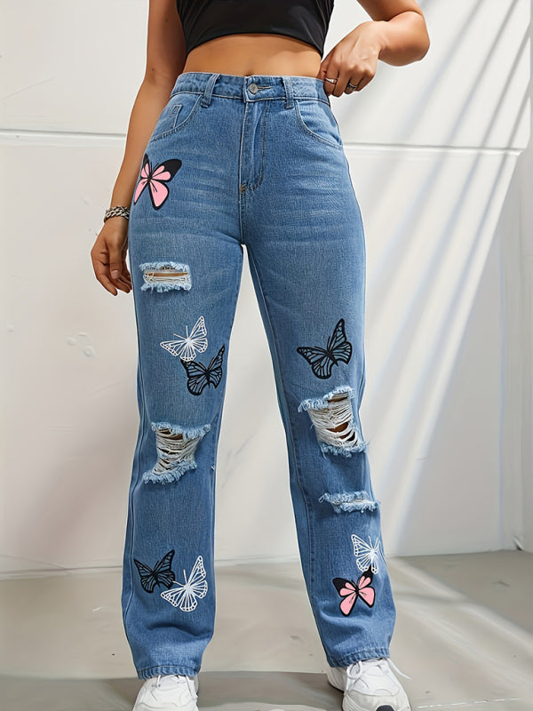 Butterfly Printed Ripped Fashion Denim Pants