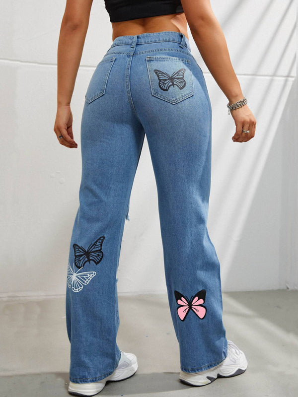 Butterfly Printed Ripped Fashion Denim Pants