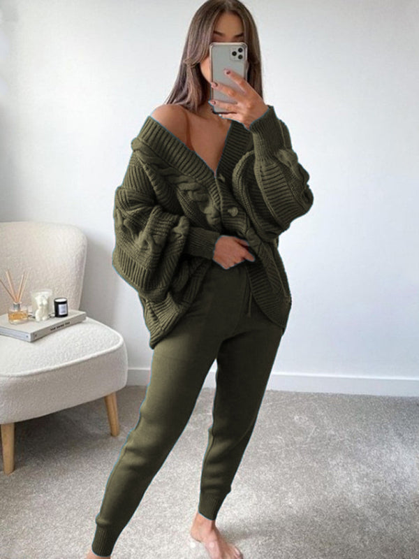 Women's Fashion V-neck Solid Color Suit Sweater + Knitted Pants  Shop One Place