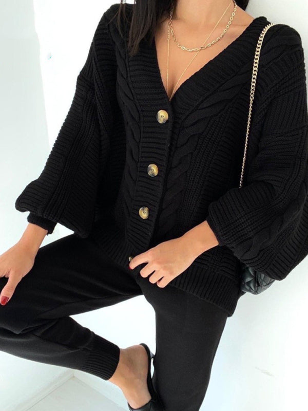 Women's Fashion V-neck Solid Color Suit Sweater + Knitted Pants  Shop One Place