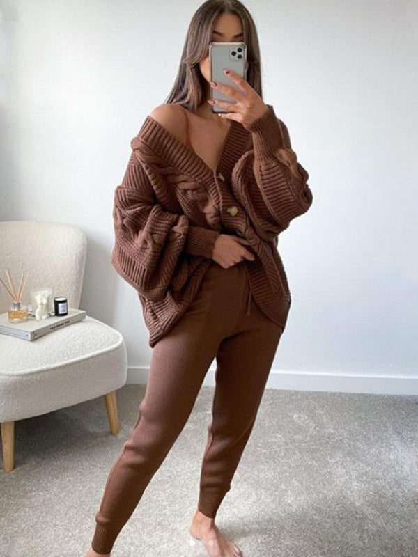 Women's Fashion V-neck Solid Color Suit Sweater + Knitted Pants  Shop One Place