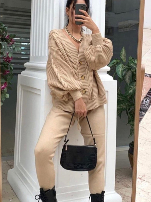 Women's Fashion V-neck Solid Color Suit Sweater + Knitted Pants  Shop One Place